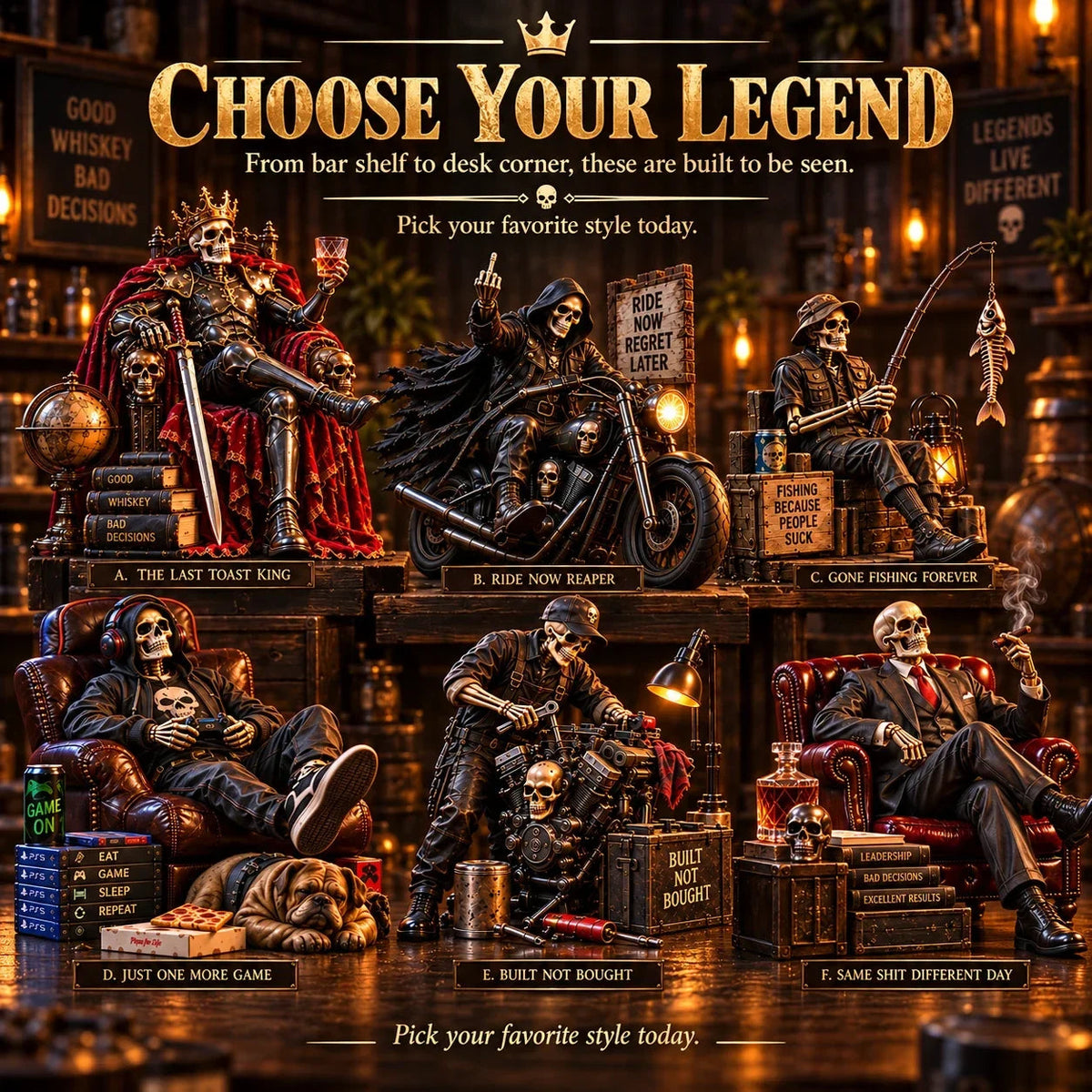 💀 Bad to the Bone™ – Dark Humor Skeleton Collectibles | 6 Legendary Styles