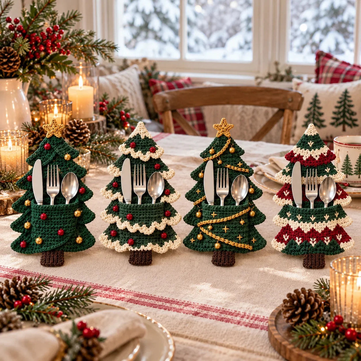 Crochet Christmas Tree Cutlery Holder Pattern Set - 4 Designs