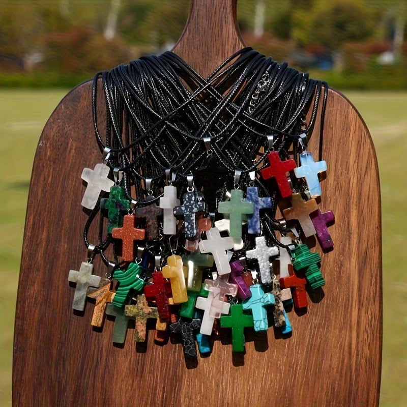 20pcs Natural Stone Cross Pendant Necklace Set
