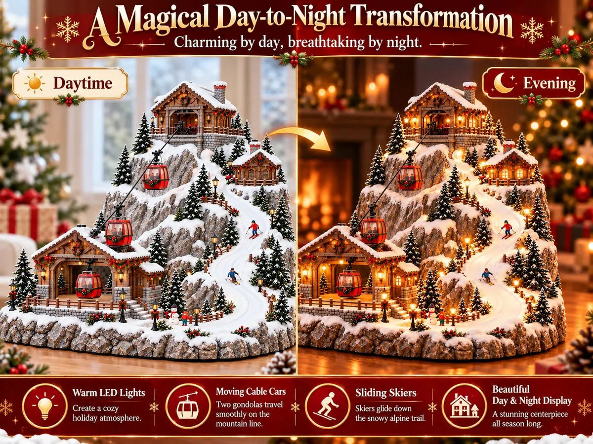 🔥Animated Christmas Mountain Cable Car & Ski Village Scene ✨