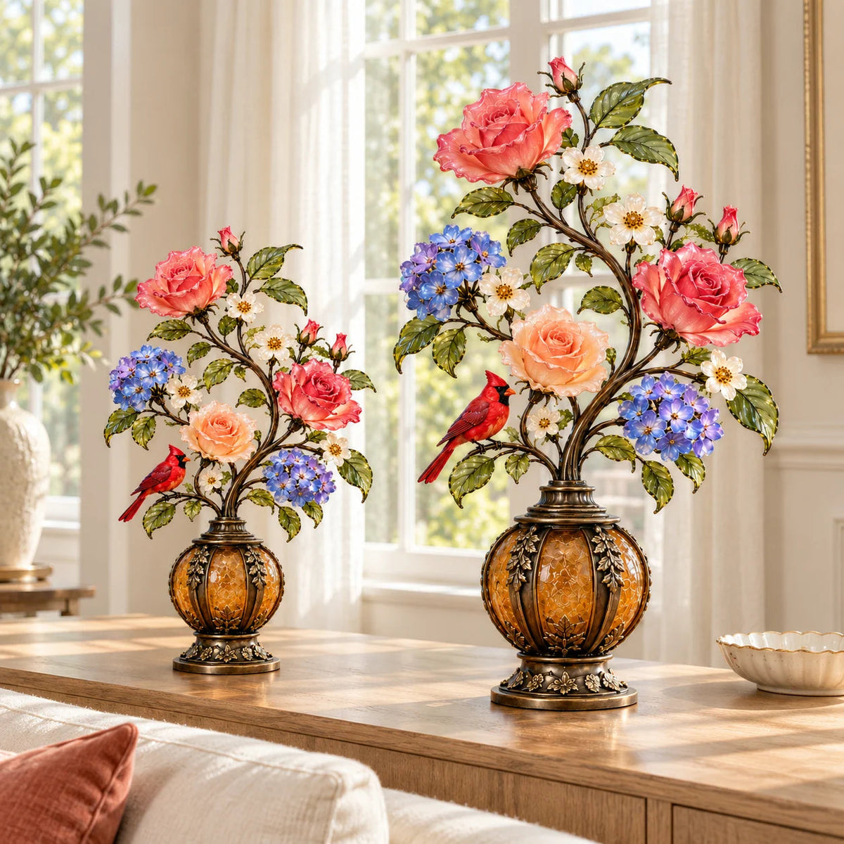 🌷🌹🌻 Eternal Bloom – Vintage Rose & Cardinal Table Lamp