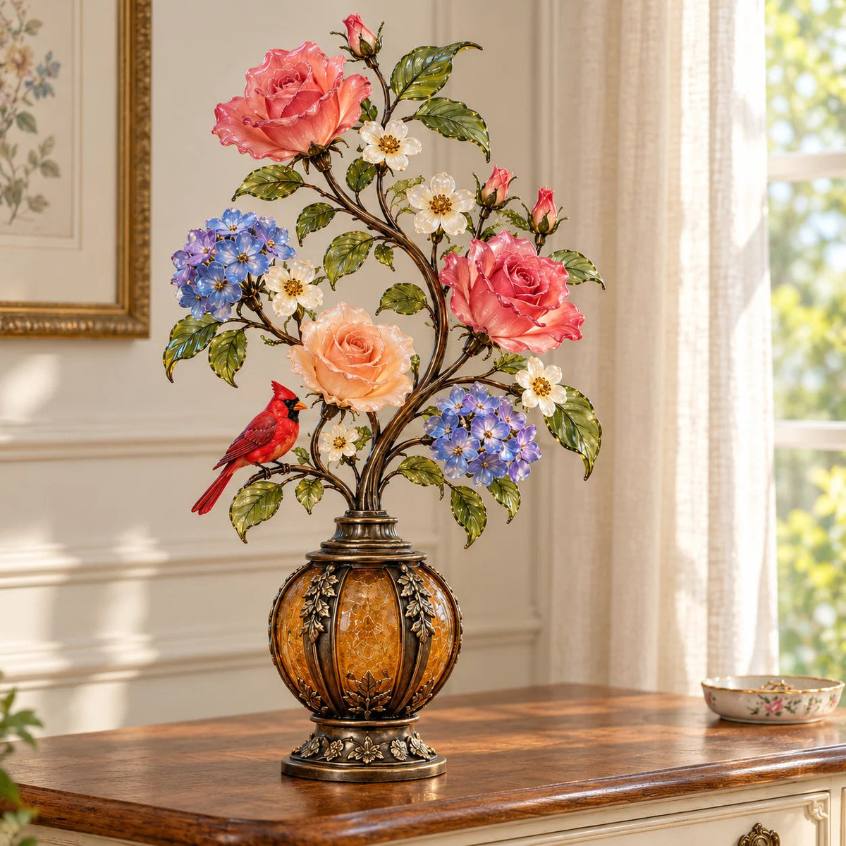 🌷🌹🌻 Eternal Bloom – Vintage Rose & Cardinal Table Lamp