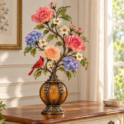 🌷🌹🌻 Eternal Bloom – Vintage Rose & Cardinal Table Lamp