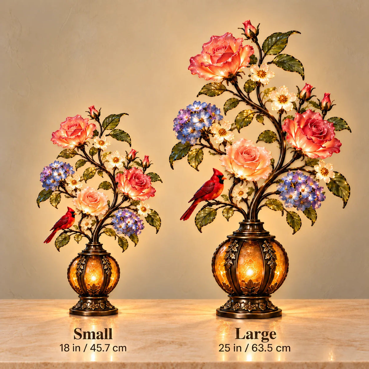 🌷🌹🌻 Eternal Bloom – Vintage Rose & Cardinal Table Lamp