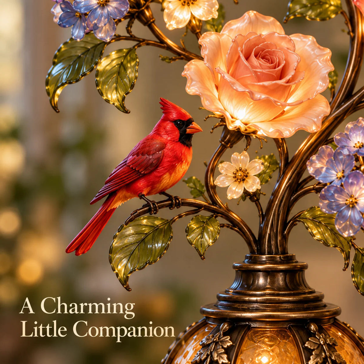🌷🌹🌻 Eternal Bloom – Vintage Rose & Cardinal Table Lamp