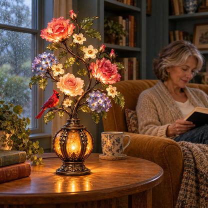 🌷🌹🌻 Eternal Bloom – Vintage Rose & Cardinal Table Lamp