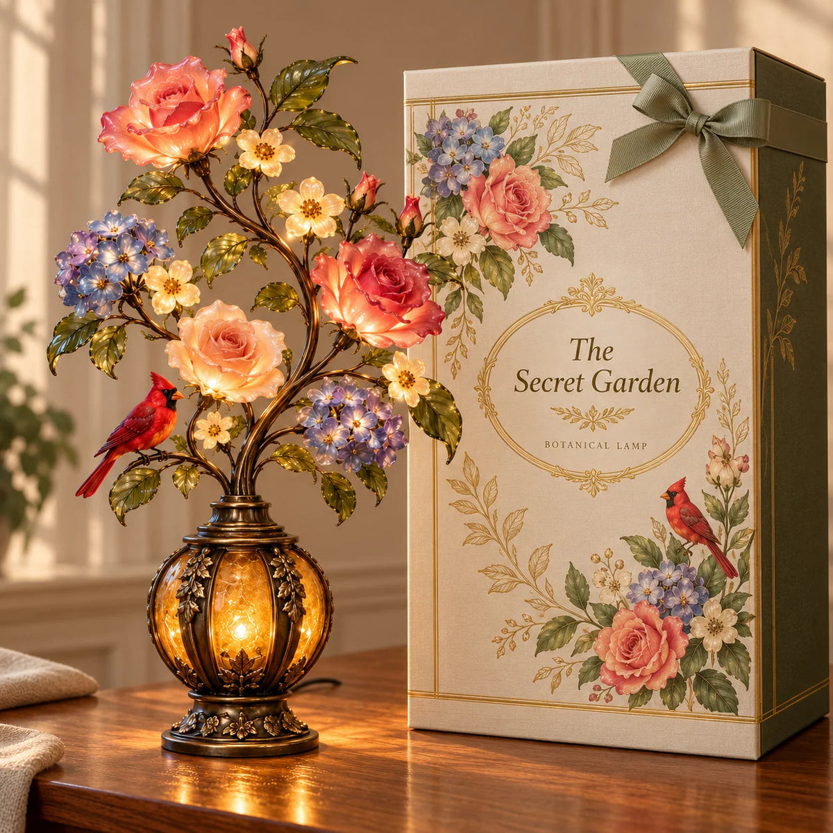 🌷🌹🌻 Eternal Bloom – Vintage Rose & Cardinal Table Lamp