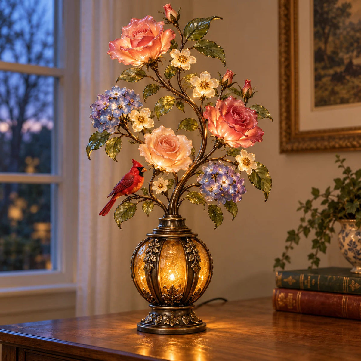 🌷🌹🌻 Eternal Bloom – Vintage Rose & Cardinal Table Lamp