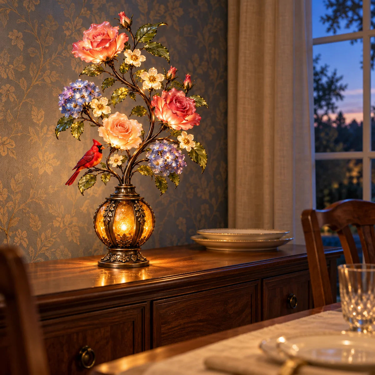 🌷🌹🌻 Eternal Bloom – Vintage Rose & Cardinal Table Lamp