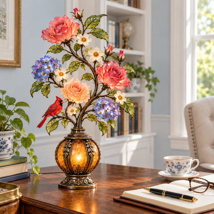 🌷🌹🌻 Eternal Bloom – Vintage Rose & Cardinal Table Lamp