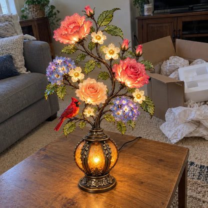 🌷🌹🌻 Eternal Bloom – Vintage Rose & Cardinal Table Lamp