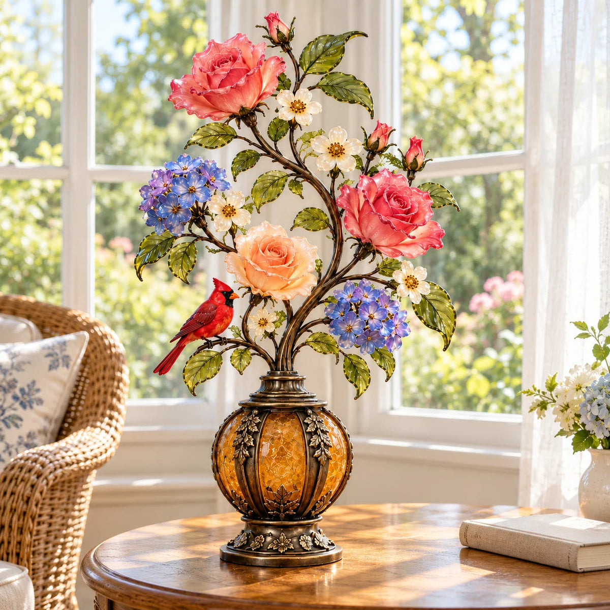 🌷🌹🌻 Eternal Bloom – Vintage Rose & Cardinal Table Lamp