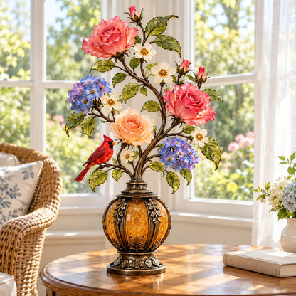 🌷🌹🌻 Eternal Bloom – Vintage Rose & Cardinal Table Lamp