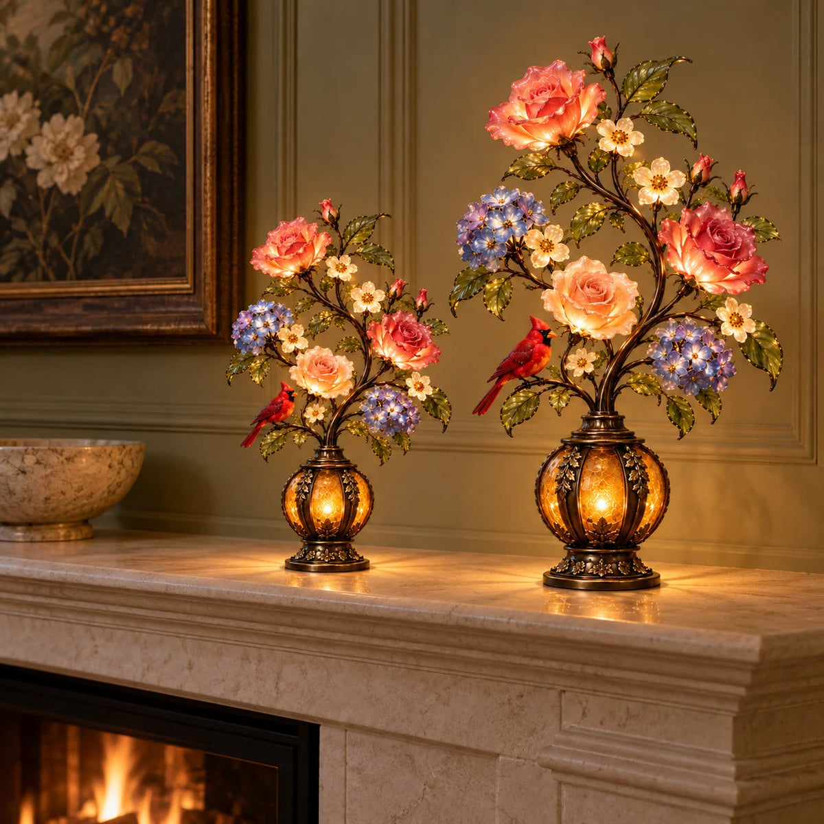 🌷🌹🌻 Eternal Bloom – Vintage Rose & Cardinal Table Lamp