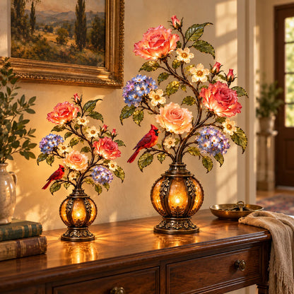 🌷🌹🌻 Eternal Bloom – Vintage Rose & Cardinal Table Lamp