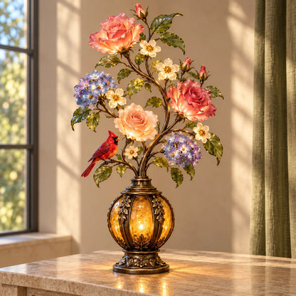 🌷🌹🌻 Eternal Bloom – Vintage Rose & Cardinal Table Lamp