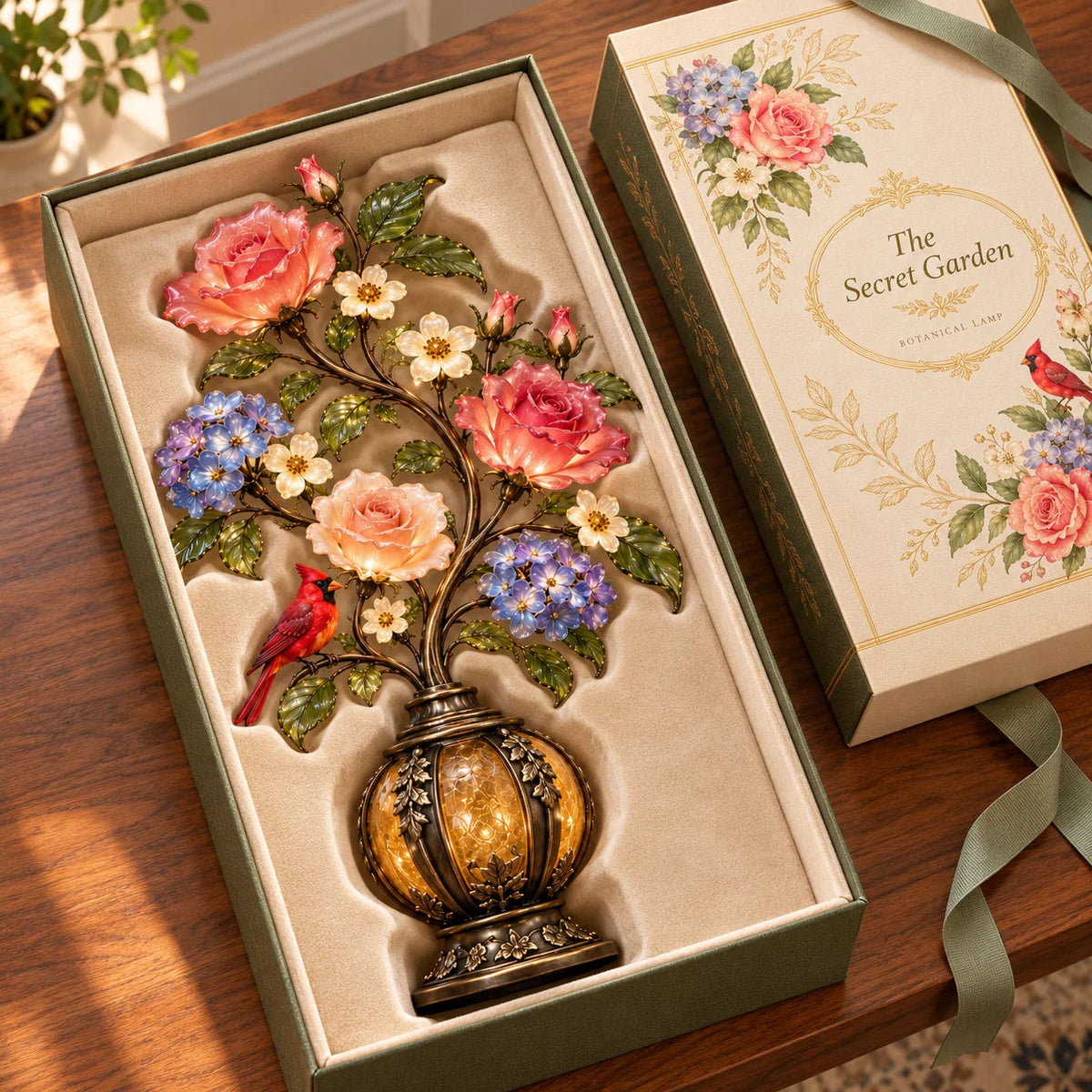 🌷🌹🌻 Eternal Bloom – Vintage Rose & Cardinal Table Lamp