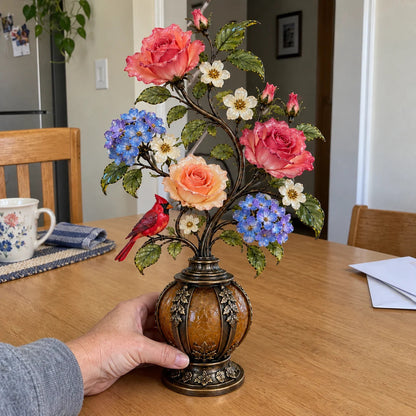 🌷🌹🌻 Eternal Bloom – Vintage Rose & Cardinal Table Lamp
