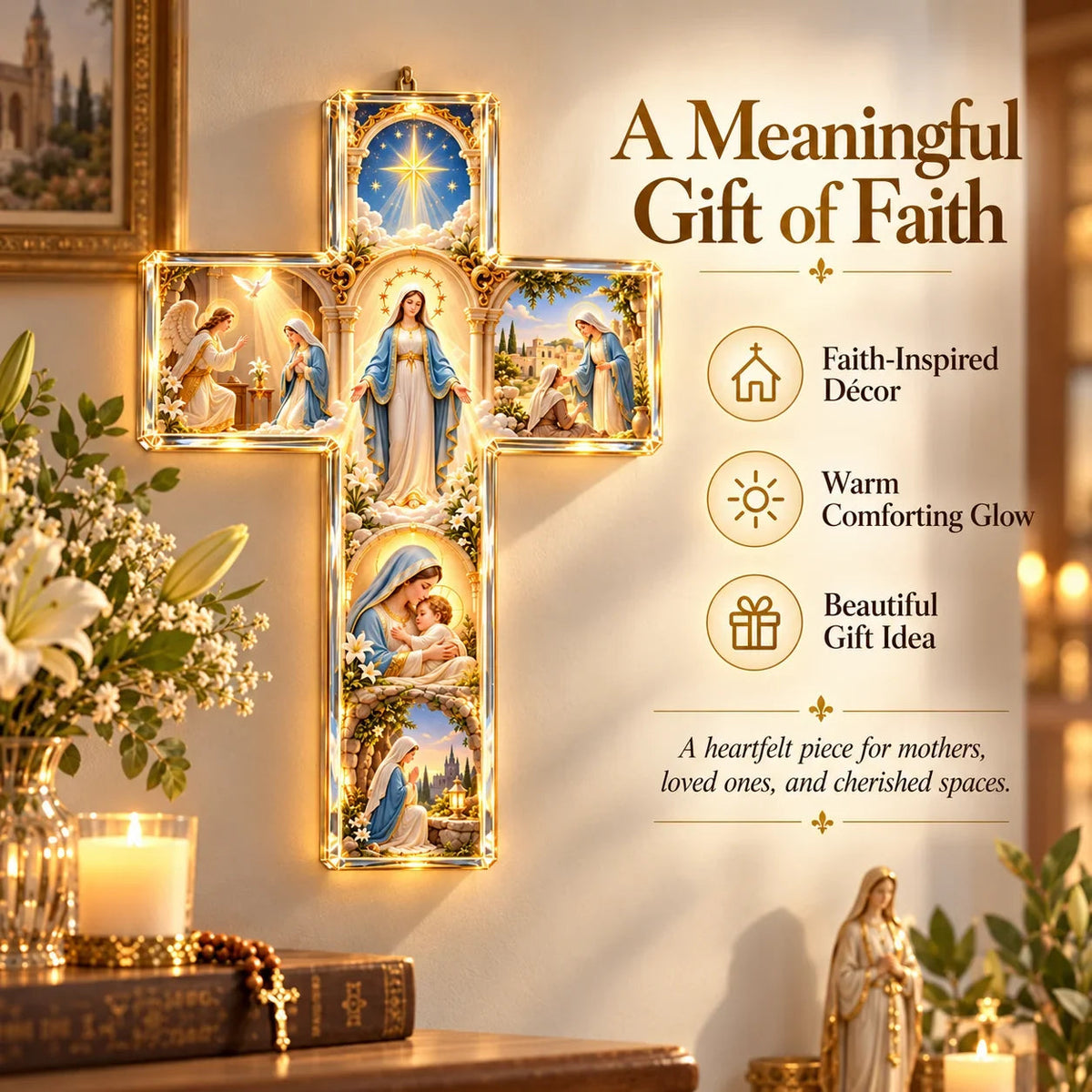 ✝️✨ Mary’s Sacred Journey – Illuminated 6-Scene Cross