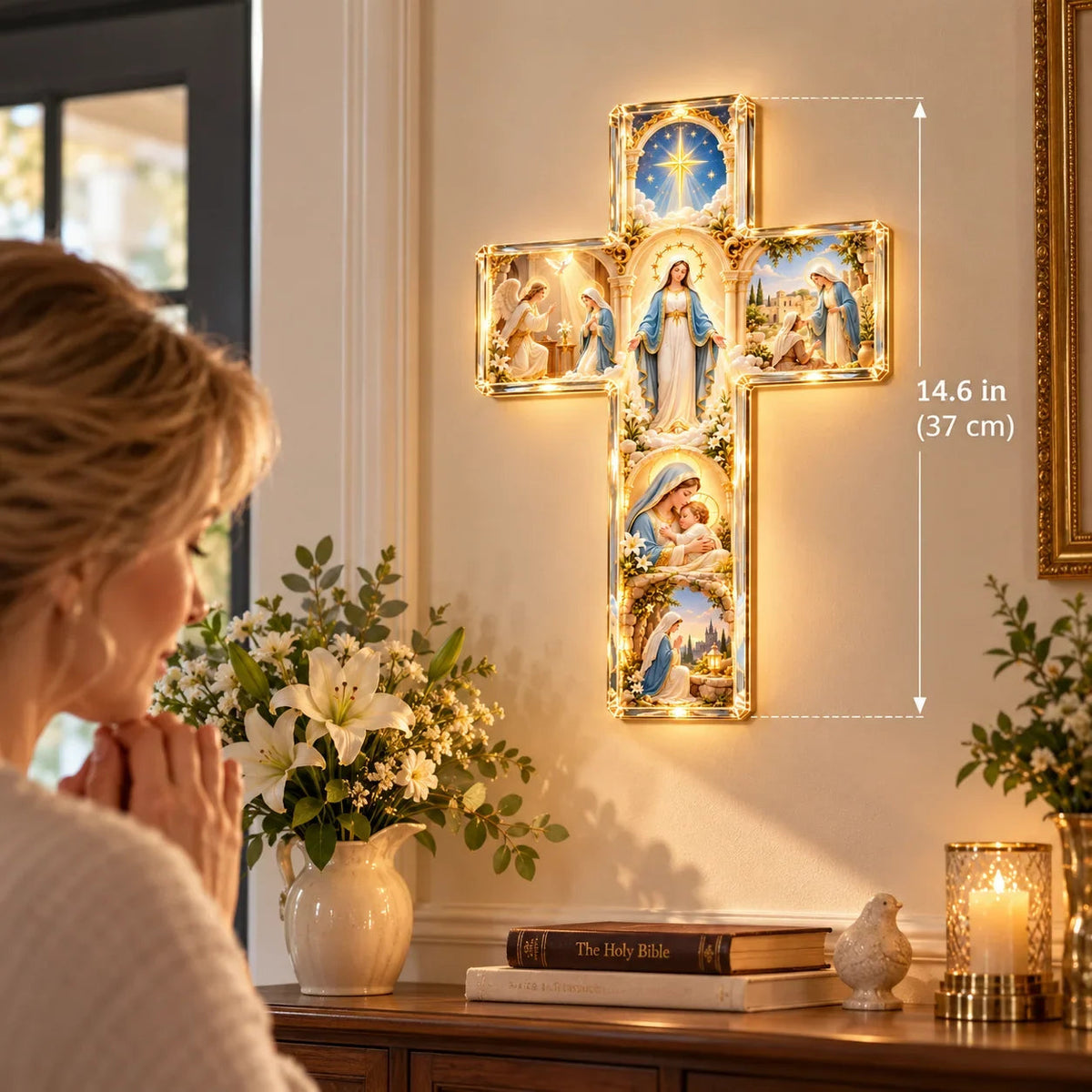 ✝️✨ Mary’s Sacred Journey – Illuminated 6-Scene Cross