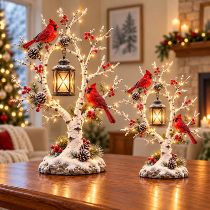 🔥🔥Cardinal Winter Lantern Tree™ – Lighted Snowy Birch Tree with Red Cardinals & Hanging Lantern ✨