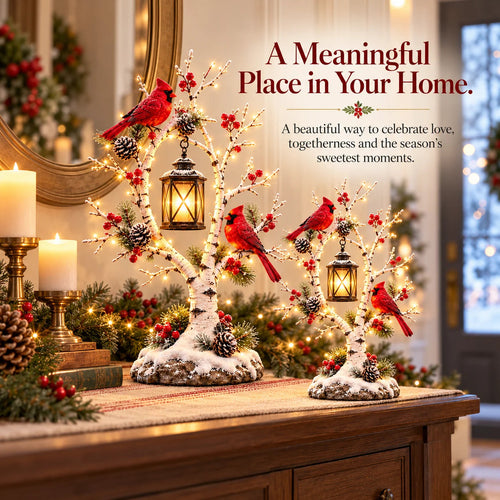🔥🔥Cardinal Winter Lantern Tree™ – Lighted Snowy Birch Tree with Red Cardinals & Hanging Lantern ✨