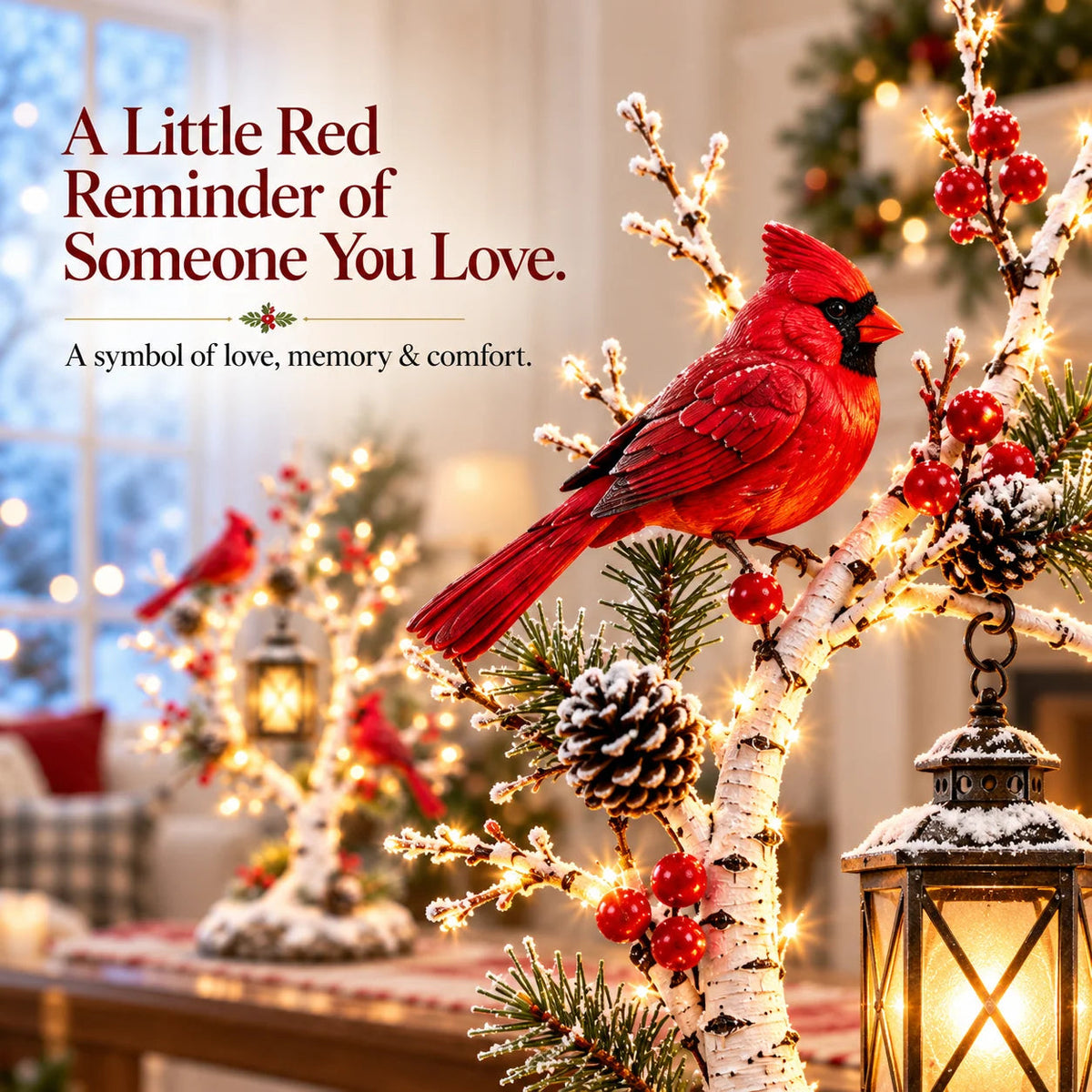 🔥🔥Cardinal Winter Lantern Tree™ – Lighted Snowy Birch Tree with Red Cardinals & Hanging Lantern ✨