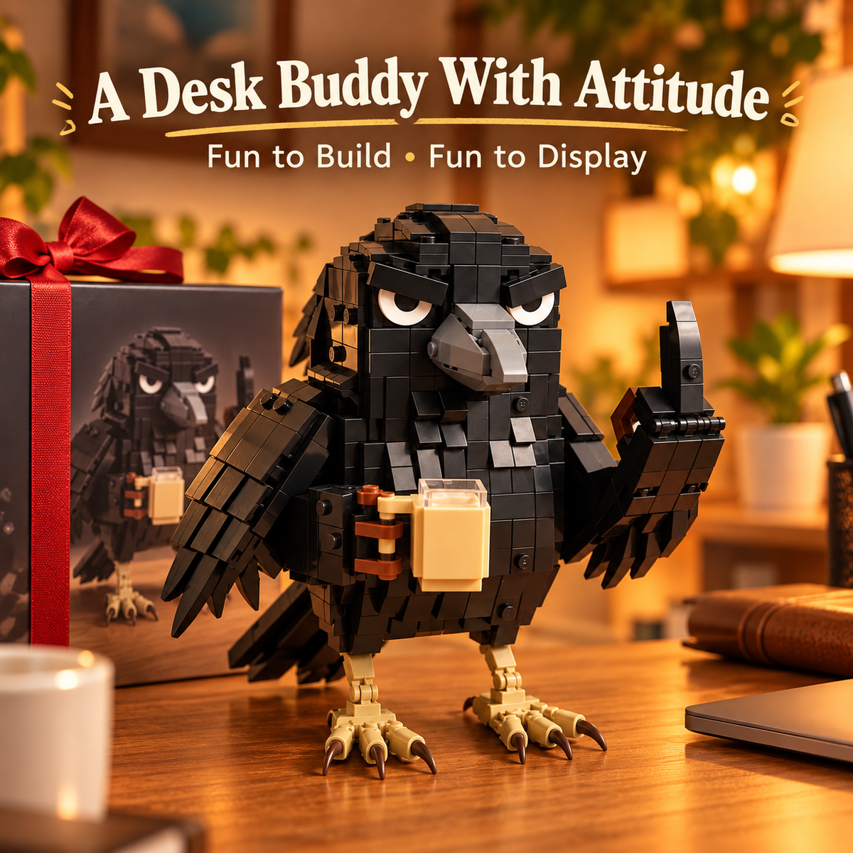 🐦 Grumpy Crow Building Block Set – Funny Coffee-Loving Desk Buddy ☕🧱