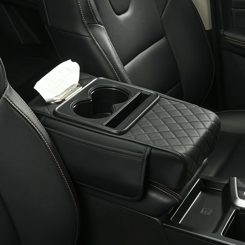 💯Car Console Organizer – PU Leather Armrest, Side Storage, Cup Holder