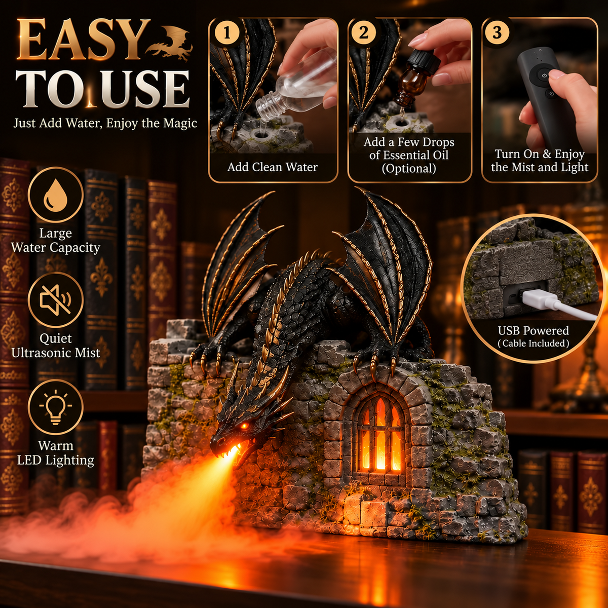 📚Drachen-Luftbefeuchter mit Flammeneffekt – Fantasy-Zauber für Ihre Leseecke