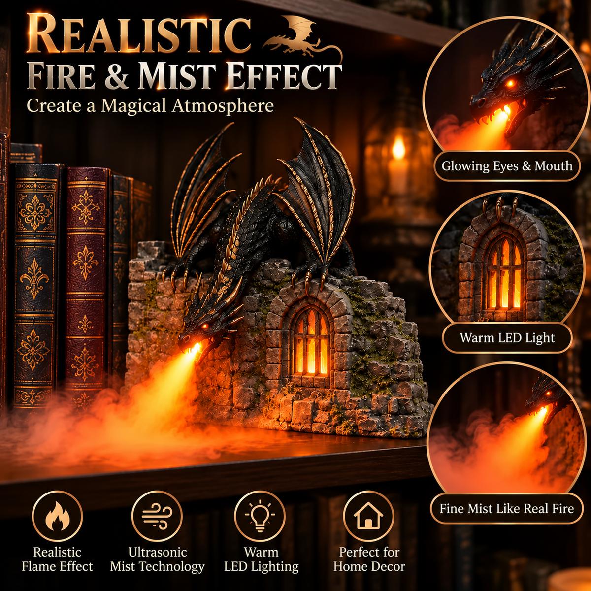 📚Drachen-Luftbefeuchter mit Flammeneffekt – Fantasy-Zauber für Ihre Leseecke