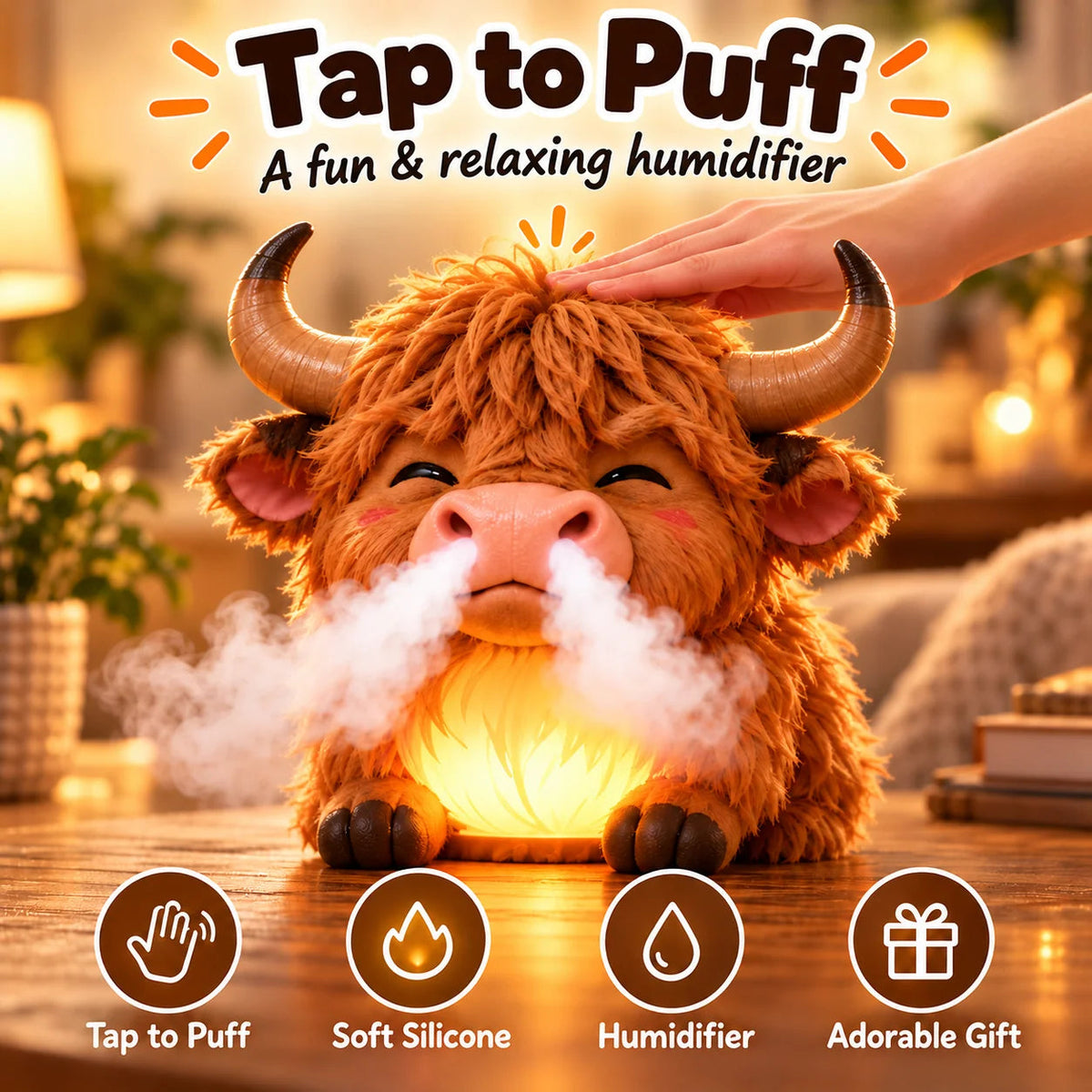 Highland Cow Huff™ – Tap-to-Puff Humidifier & Colorful Night Light