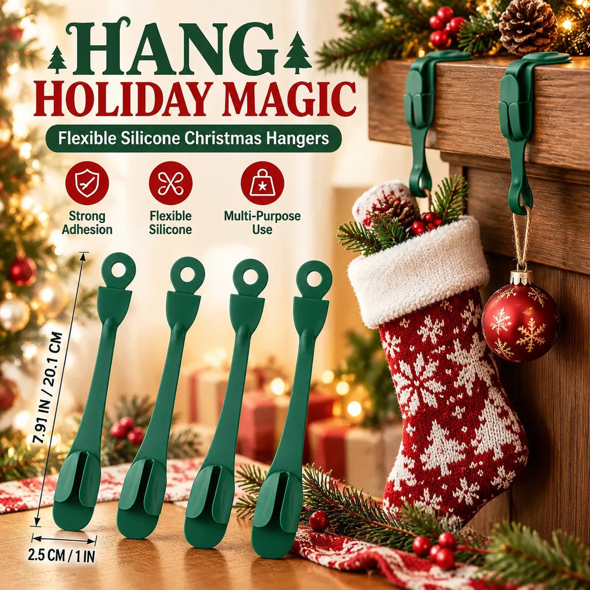 🎅🎄12/24 Pack Reusable Silicone Adhesive Christmas Garland Hooks 7.87'