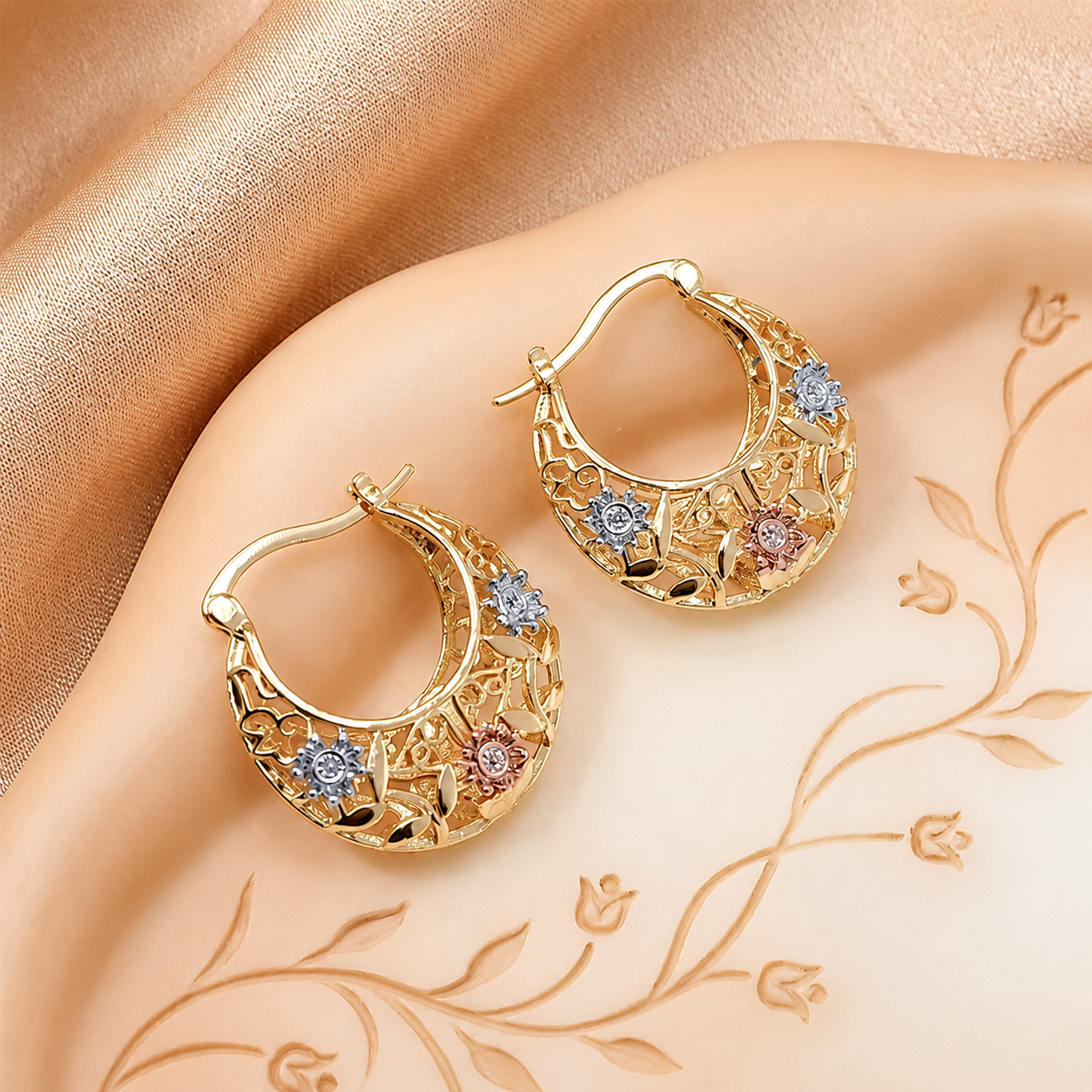 🌸 Vintage 14K Gold Flower Hoop Earrings