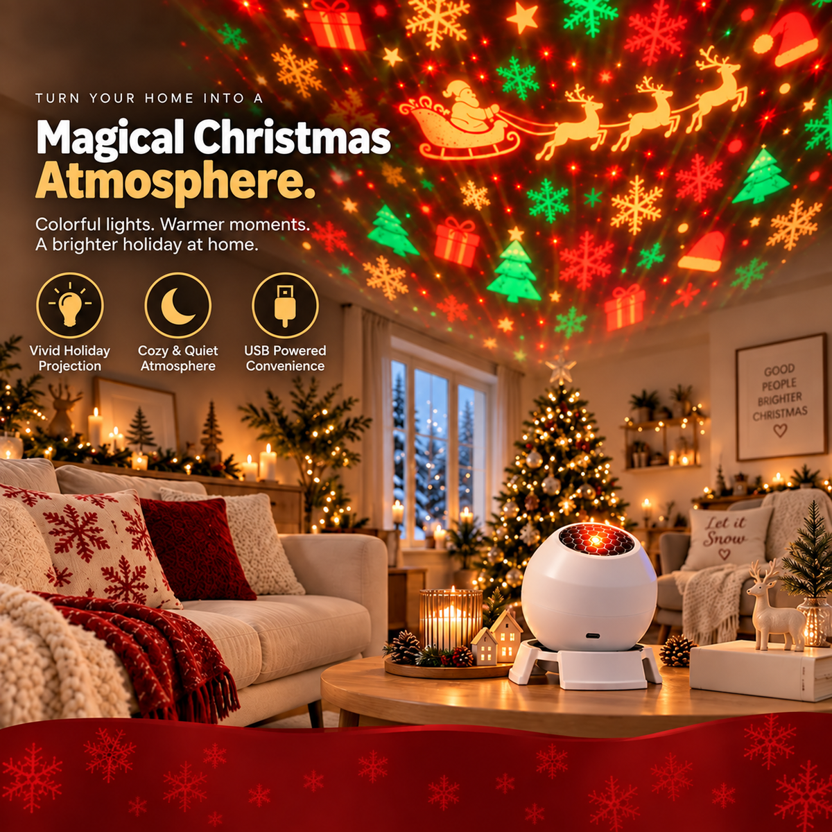 🎅Christmas Projection Light - USB Powered Festive Room Ceiling Decor✨