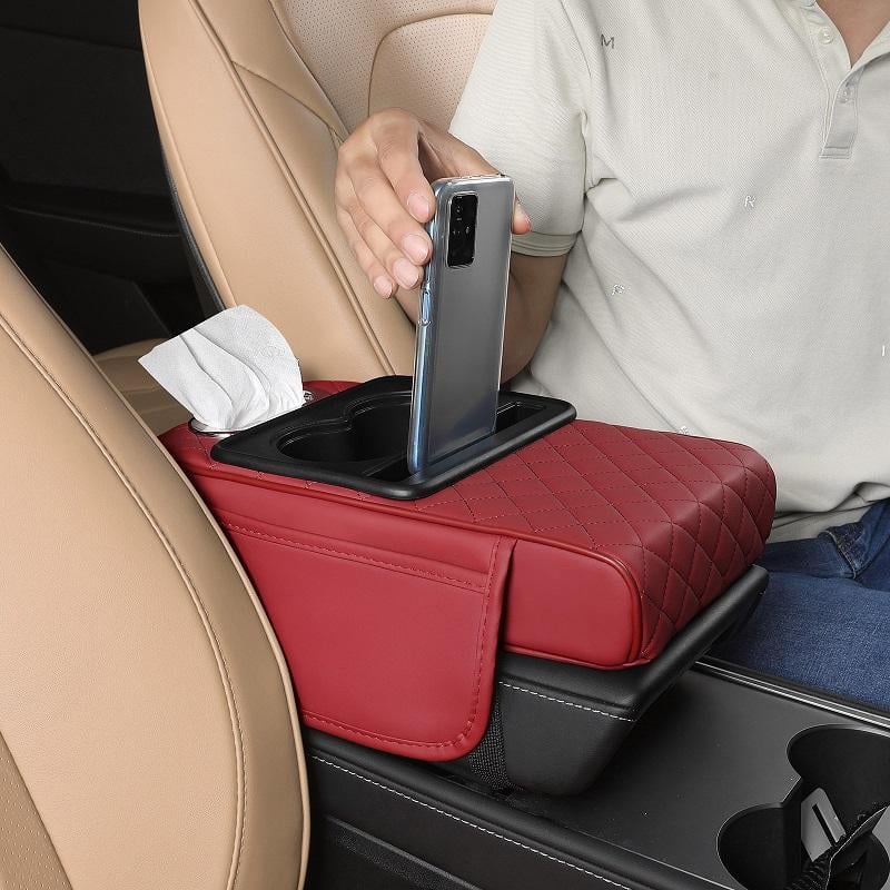 💯Car Console Organizer – PU Leather Armrest, Side Storage, Cup Holder