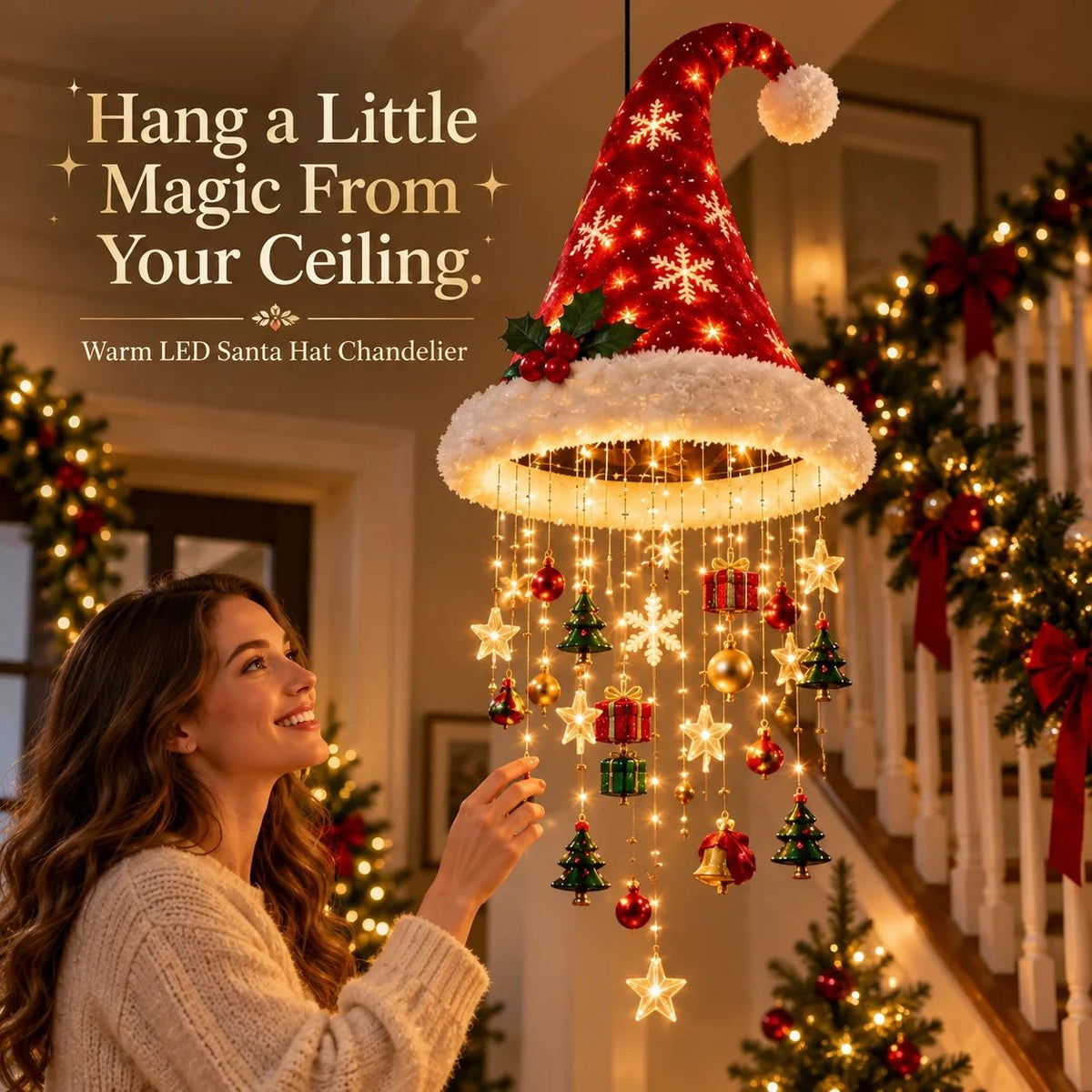 🎄🎅Santa Hat LED Hanging Light - A classic Santa hat raining warm fairy lights & Christmas charms