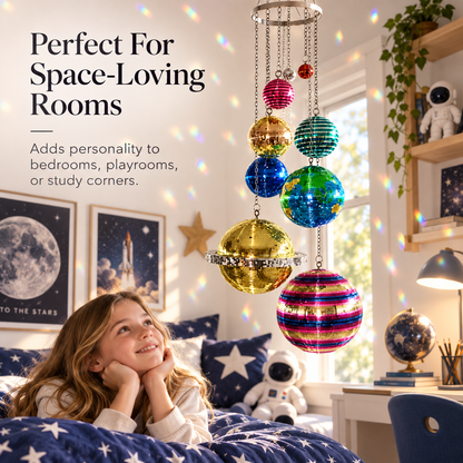 🌈 Solar System Disco Ball Hanging Mobile – Colorful Reflective Celestial Room Decor