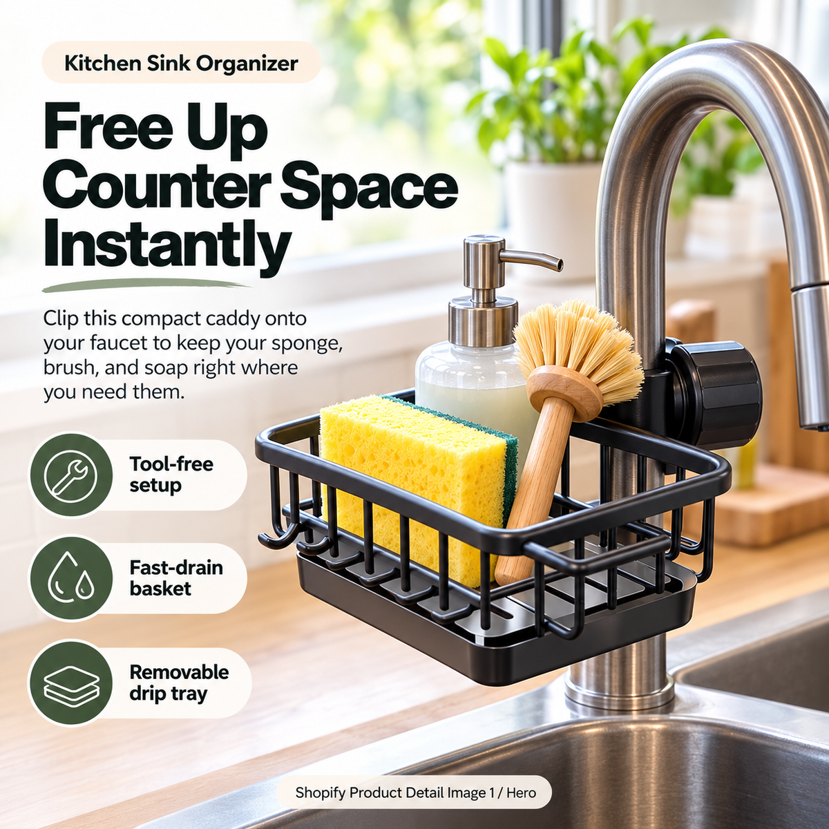 🧽✨Faucet-Mounted Kitchen Sink Organizer – Adjustable No-Drill Sponge & Brush Holder with Removable Drip Tray, Space-Saving Storage Caddy