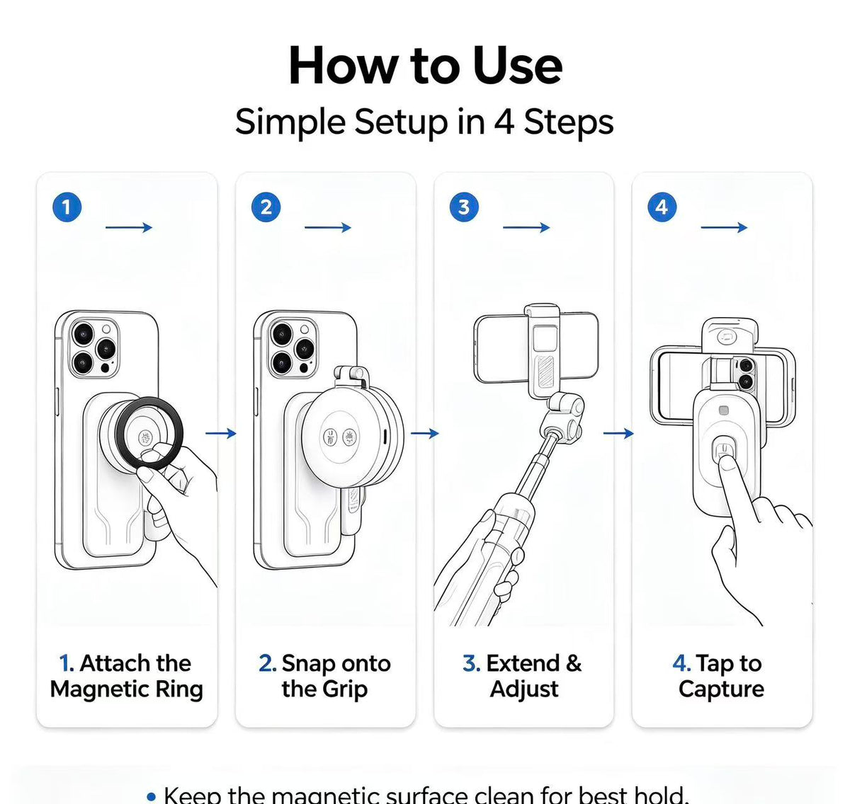 🔥Zoomable Magnetic Palm Grip | Selfie Stick & Tripod