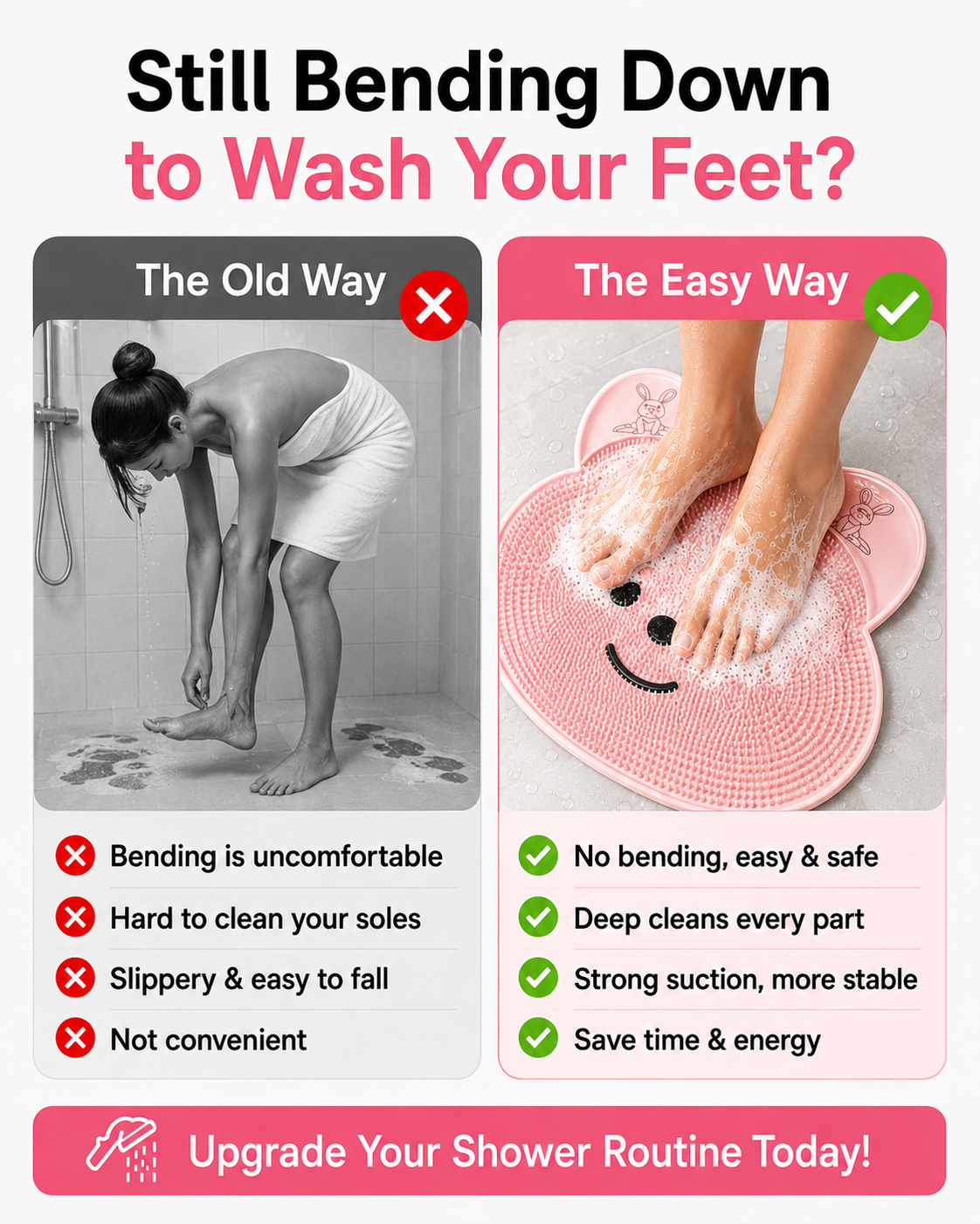 Hands-Free Foot Scrubber Bath Mat | Shower Foot Cleaning Mat