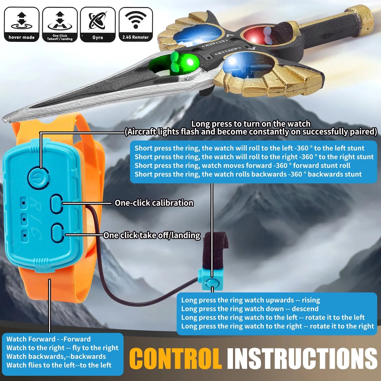 LED Flying Spin Sword Toy with Gesture Wrist Remote - Glowing RC Hover Drone Blade with Extra Batteries