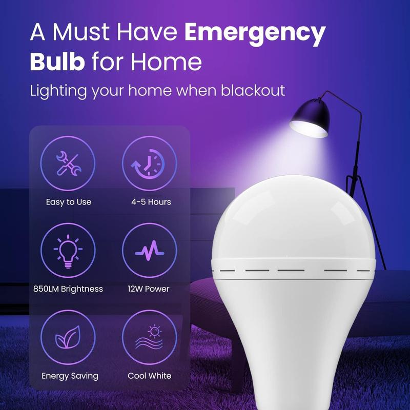 Rechargeable Emergency Light Bulbs, Camping Lamp Battery Powered LED Light Bulb 6000K Daylight 12W Equivalent with 1200mAh