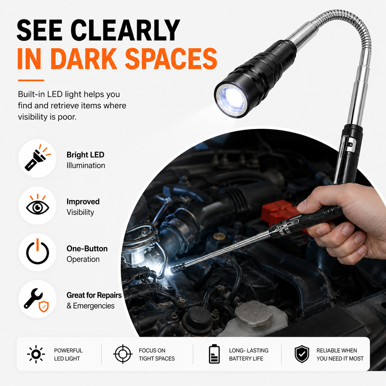 🧲💡 Telescoping Magnetic Pickup Tool with LED Light | Flexible Reach