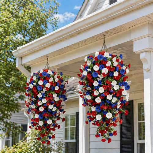 🌺Red, White & Blue Artificial Morning Glory Hanging Vines – 3-Piece Set