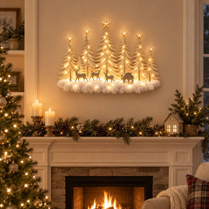 🦌✨ Glowing Christmas Woodland Wall Decor | Snowy Forest, Deer & Cottage Scene🎄