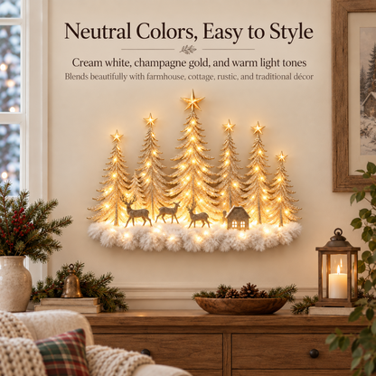 🦌✨ Glowing Christmas Woodland Wall Decor | Snowy Forest, Deer & Cottage Scene🎄