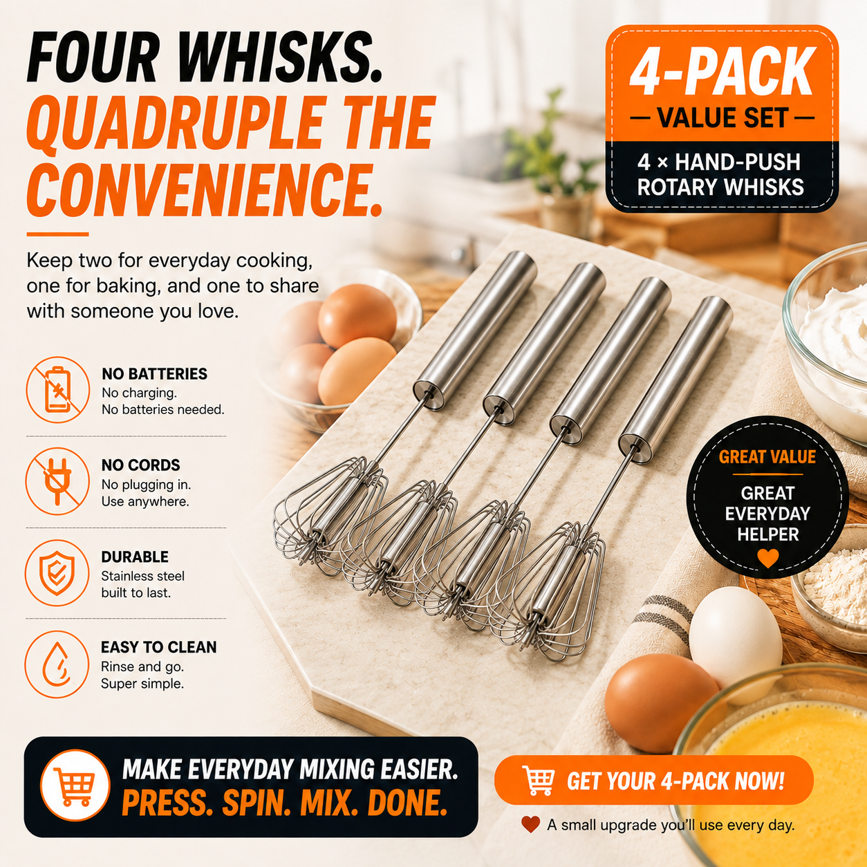 ⚡2-Pack Hand-Push Rotary Whisk – Press, Spin & Mix with Ease