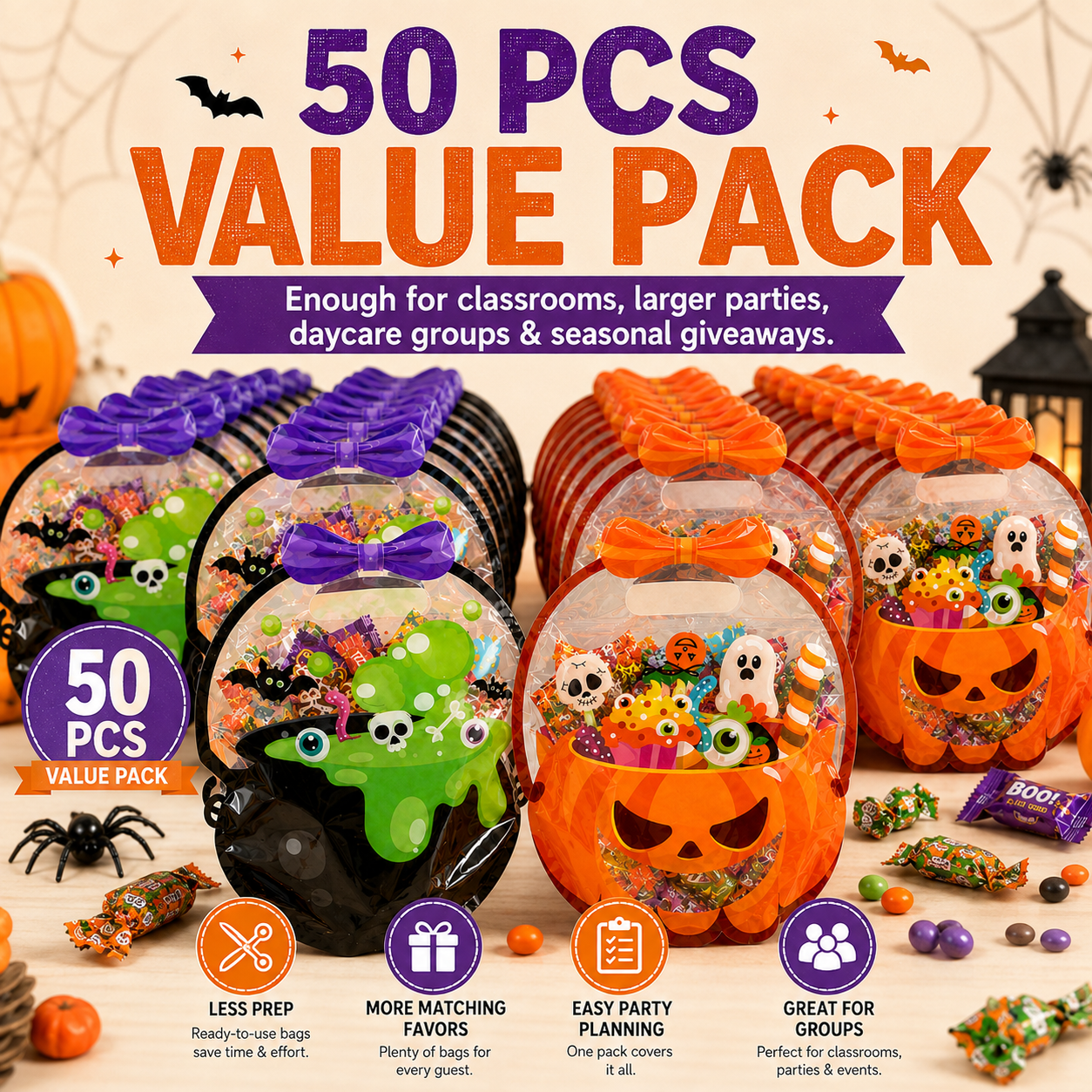 🎁50 Pcs Halloween Goodie Bags – Clear Cauldron Candy Favor Bags