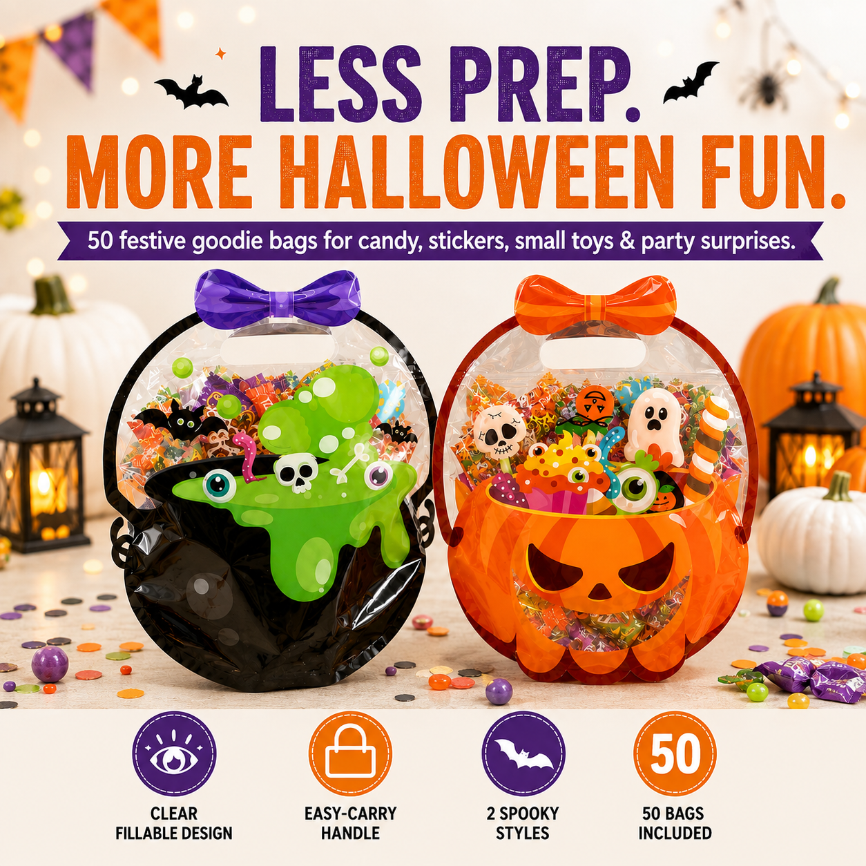 🎁50 Pcs Halloween Goodie Bags – Clear Cauldron Candy Favor Bags